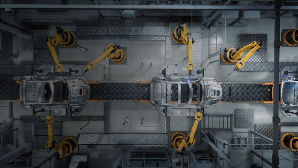 Aerial Car Factory 3D Concept: Automated Robot Arm Assembly Line Manufacturing Advanced High-Tech Green Energy Electric Vehicles. Construction, Building, Welding Industrial Production Conveyor