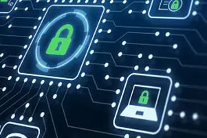 Data Protection and Cyber Security on Internet Server Network with Secure Access to Protect Privacy against Attacks. Illustration with Electronic Circuit Board Connections and Cybersecurity Icons.